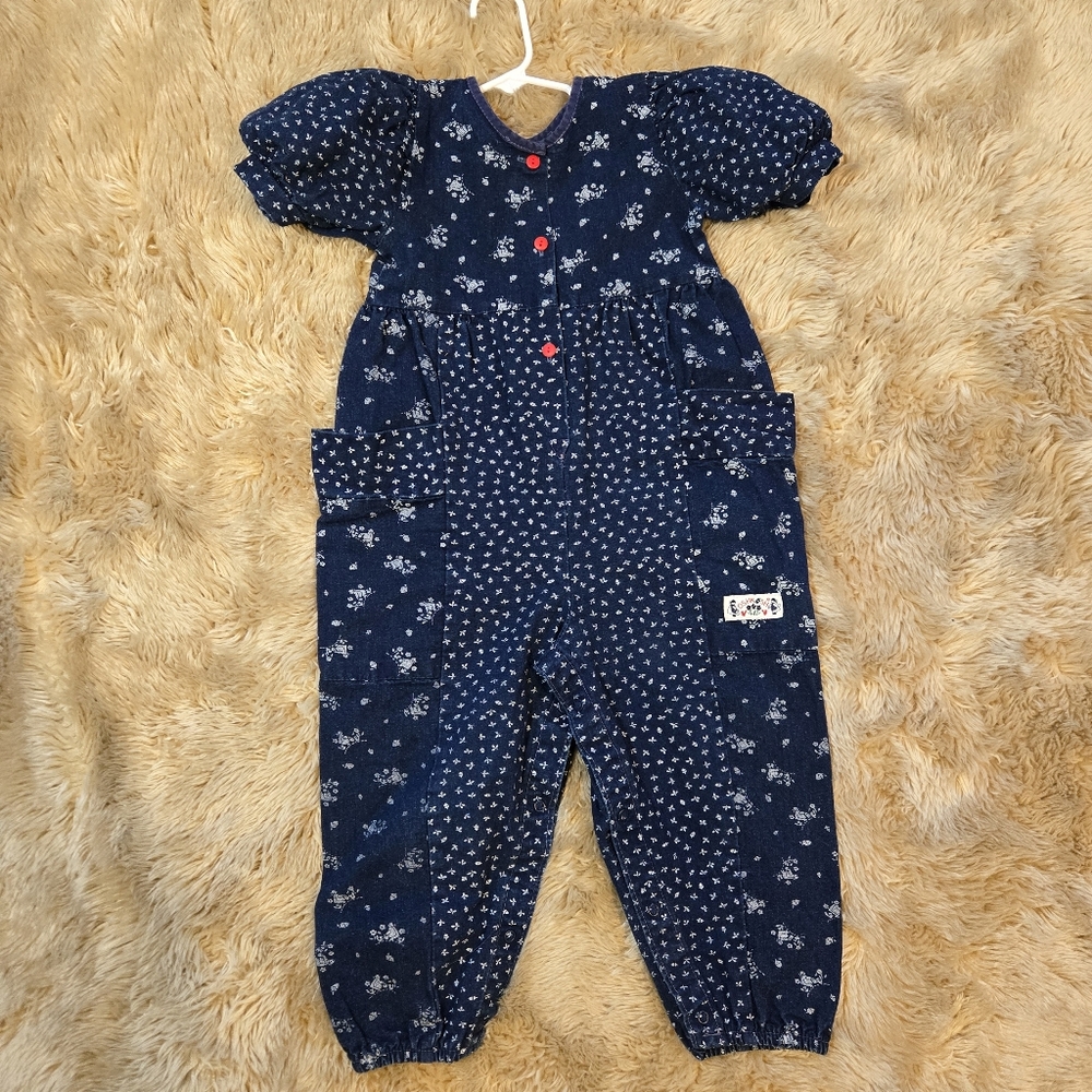 Vintage Oshkosh B'Gosh Girls Denim Floral Squirrel Print Bubble Romper 4T